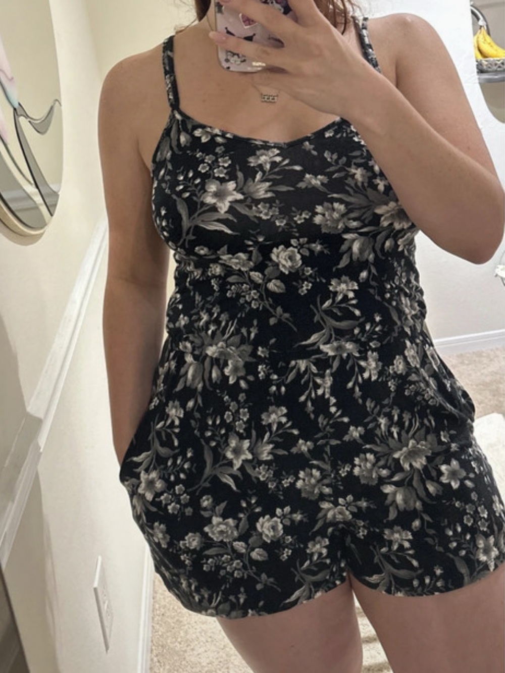 American Eagle Outfitters Black & White Floral Lace-Trim Cami Romper
